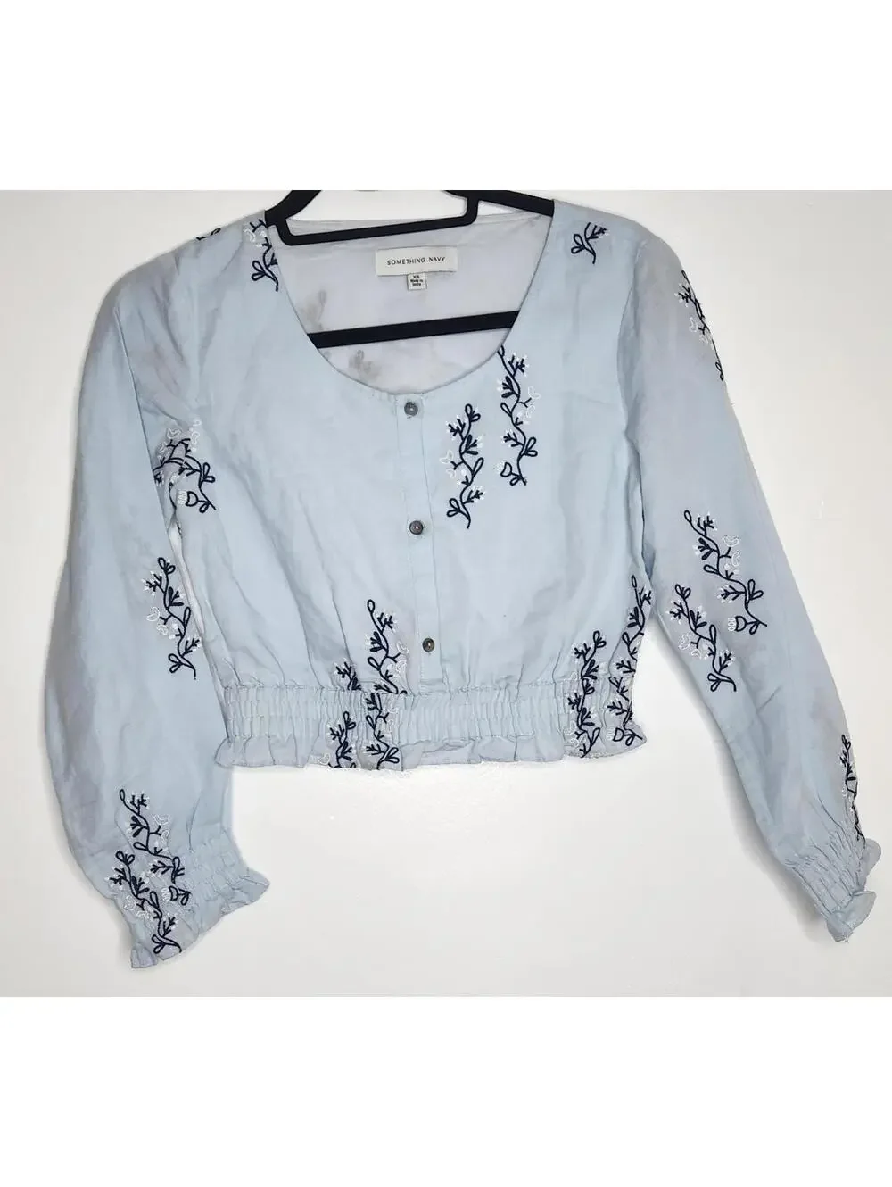 Something Navy Shirt Womens XS Blue Linen Cotton Embroidered Crop Blouse Top